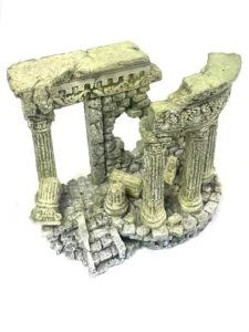 ruin with decorative fish tank accessories displayed around the ancient stone structures